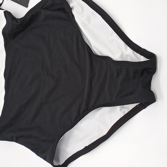 DKNY Plunging Colorblocked One-Piece Swimsuit Black White 8 - Picture 6 of 14